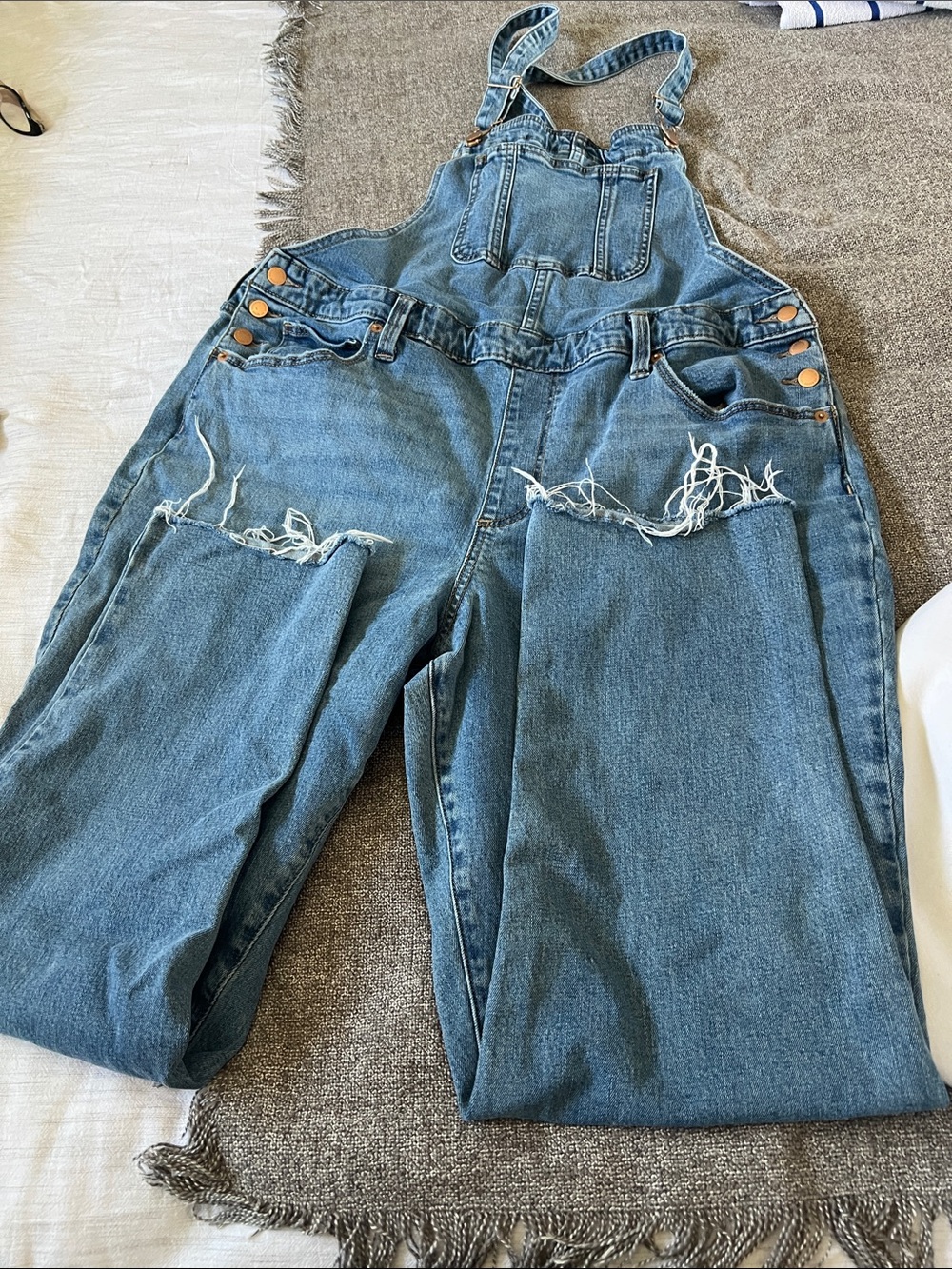 Universal Thread Distressed Blue Denim Overalls with Button Accents